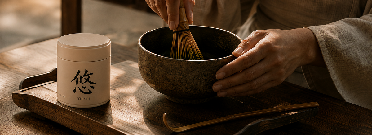 Preparing matcha with a bamboo whisk